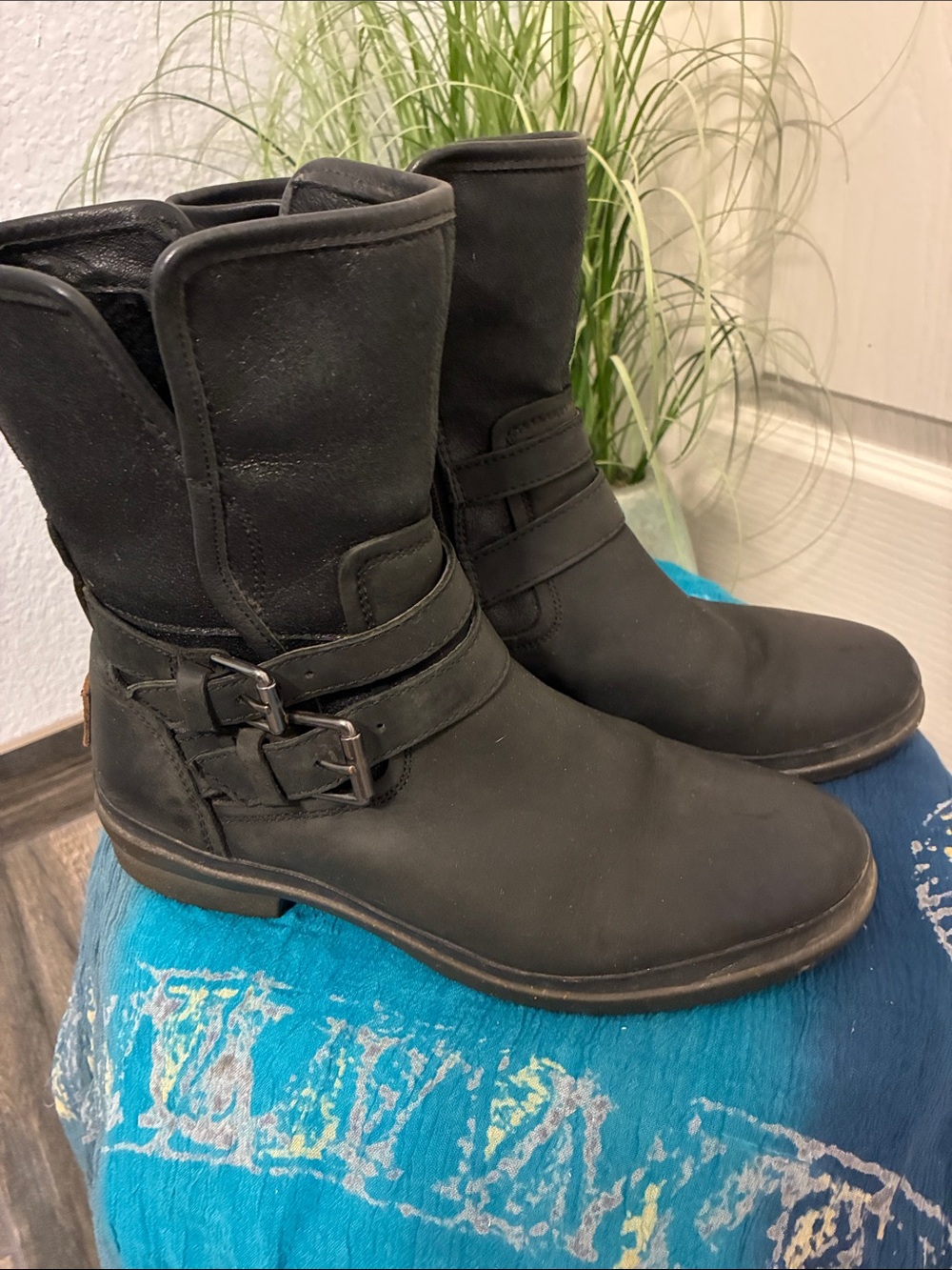 UGG Black Mid-Calf Buckle Combat Boots